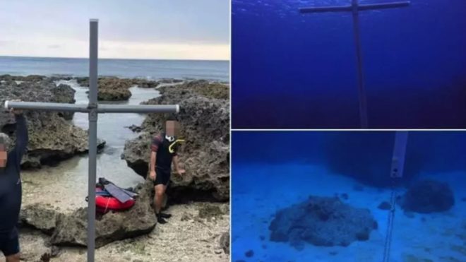 Plastic cross on the seabed in Shadao Beach causes public anger in social networks